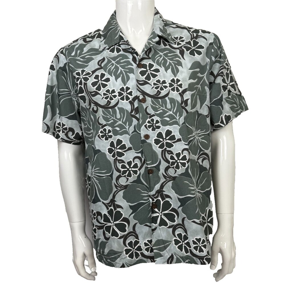 Vintage Hawaiian Shirt Tropical Palm Leaf Floral Hibiscus Aloha Coastal Green XL
